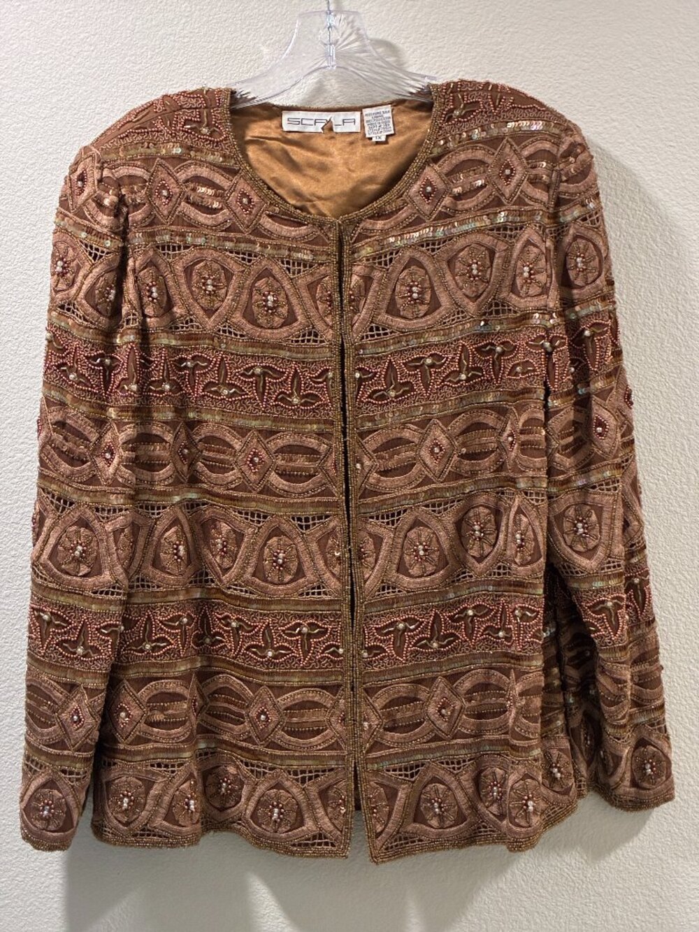 SCALA Vintage Beaded Embroidered Sequin Bronze Silk Evening Jacket Women 1X - Picture 2 of 13